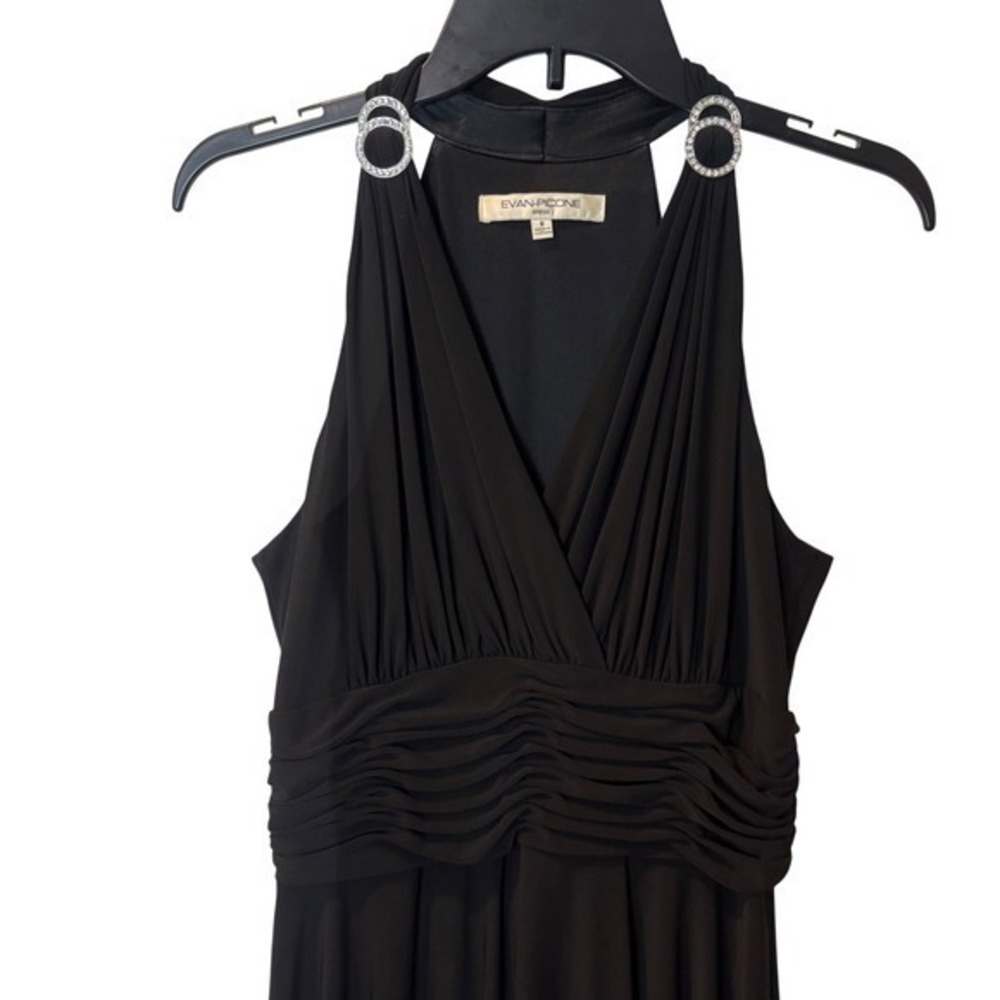 Black Cocktail Dress Womens 8 Ruched Waist Rhinestone Elegant Little Black Dress - Picture 4 of 6